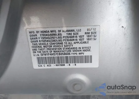 2012 Honda Pilot Ex-L from USA, damaged, VIN 5FNYF4H57CB058606